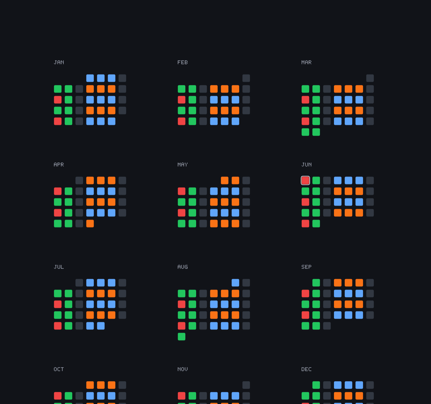 Year Mood Calendar grid tracking gym sessions across a full year