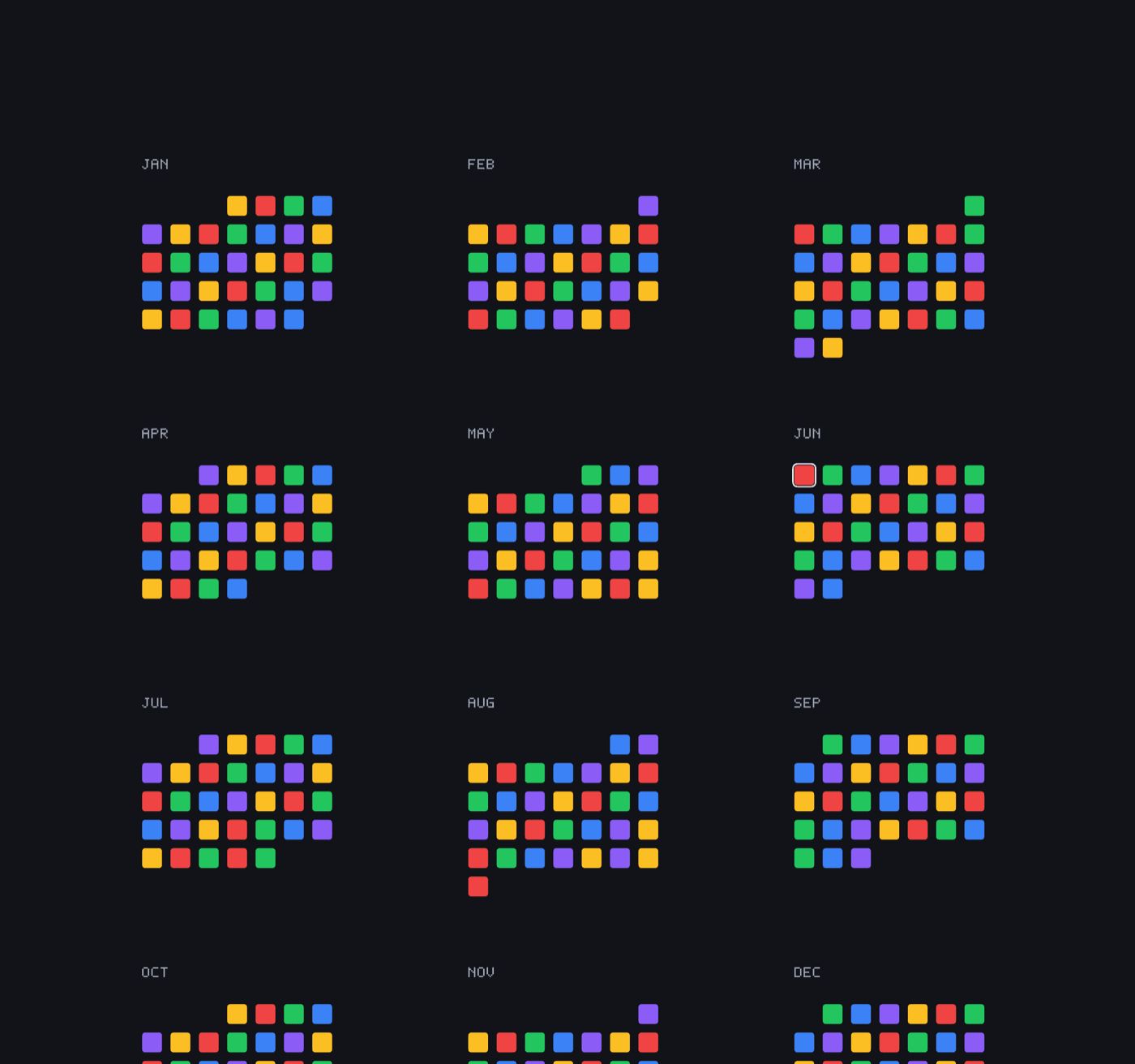 A full year of daily moods rendered as a colour grid in Year Mood Calendar